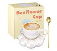Ceramic Coffee Mug, Cute Mug with Sunflower Coaster, Cloud Coffee Cup with Spoon, Kawaii Tea Mug and Saucer Set 6.5oz/190ml for Women Friends Mother's Day Valentines Birthday Christmas Gifts