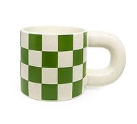 Ceramic Coffee Mug,Tea Cup with Porcelain Fat Round Handle,Dishwasher&Microwave Safe Mug to Decorate,12 oz, Modern,Simplicity Unique Style For Any Kitchen. (Green white grid)