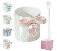 Ceramic Coffee Mug With 3D Bow, 12oz Charming Ribbon Mug, 350ml Christmas Hot Coffee Cup With Spoon, Pink for Valentine's Birthday Gifts
