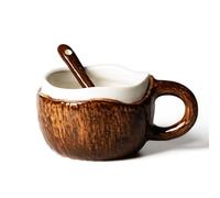 Ceramic Coffee Mug with Spoon, Coconut Shell Shape Mugs, Tea Cup Milk Oatmeal Breakfast Mug, Novelty Mugs Elegant Christmas Gifts for Home Office