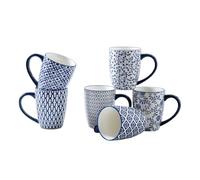 Ceramic Coffee Mugs Set - 470 ml Large Porcelain Tea Cups with Handle for Women Men Cocoa Cappuccino Latte - Christmas Housewarming Gift - Dishwasher Safe - Set of 6 - Vintage Blue
