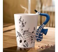 Ceramic Coffee Tea Mug with Saxophone Handle Music Note Printed Gift for Music Lovers 250ml Blue