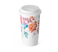 Ceramic Coffee Travel Mug 12 Oz with Lid Spill & Leak Proof, Double-wall Insulated Travel Coffee Mugs Watercolor Peonies Pattern, Gift for Her on Christmas Birthday Mothers Day, White & Pink Flower