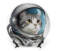 Ceramic Colored Astronaut Cat Decorative Plate for Wall Hanging 8inch Large Bone China Dinner Plates with Display Stand Porcelain Art Dish for Home Kitchen Office Wedding Gift Farmhouse Decor