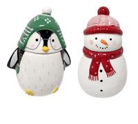 Ceramic Cookie Jar with cookies. with Lid Textured Knit Pattern Decorative Storage Container Airtight Design Ideal for Biscuits Snacks Kitchen Countertop Ornament. (pack of 2 (penguin & snowman))