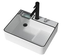 Ceramic Countertop Art Deco Laundry Sink With Washboard Rectangle Above Counter Bathroom Vessel Sink With Faucet & Pop Up Drain (White, 51.5x40.5x15cm)