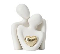 Ceramic Couple Sculpture Desk Decoration Hug Figurine with Golden Love Heart Men Women Embrace Statue Living Room Bedroom Desktop Wedding Anniversary White M