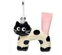 Ceramic Cow Cat Toothbrush Holder 16.5x7x14.2cm Two Slots Drainage | Porcelain material Glossy non-porous finish Stable flat base Separate area for toothpaste Animal motif