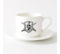 Ceramic Cup Shield Sword Emblem Sparta Soldier Military （6oz/175ml） Perfect for Kitchens, Restaurants & Cafes, Great Gift Idea，Sets Tea Cup with Saucers (White)