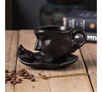 Ceramic Cup with Human Face Design, 100ml Kiss Coffee Cup with Tray, Suitable for Serving Coffee, Milk, Iced Tea, Cappuccino, Juice, and Other Beverages, A Unique Modern Cup (Black)