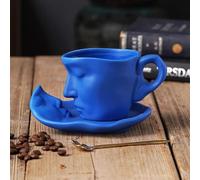 Ceramic Cup with Human Face Design, 100ml Kiss Coffee Cup with Tray, Suitable for Serving Coffee, Milk, Iced Tea, Cappuccino, Juice, and Other Beverages, A Unique Modern Cup (Blue)