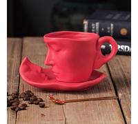 Ceramic Cup with Human Face Design, 100ml Kiss Coffee Cup with Tray, Suitable for Serving Coffee, Milk, Iced Tea, Cappuccino, Juice, and Other Beverages, A Unique Modern Cup (Red)