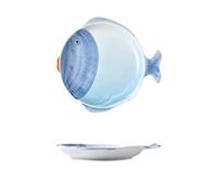 Ceramic Cute Fish-Shaped Plate Multi-Color Household Fruit and Vegetable Shallow Dinner Snack Breakfast Dessert Bowl Bird's Nest Salad Ice Cream Soup Pasta (Blue,Plate)