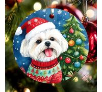 Ceramic Decorations Dog White Shih Tzu Dog Snowflake Circle Xmas Tree Hanging Printing Souvenir For Party Family Children