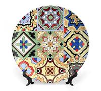 Ceramic Decorative Plates Mexican Tiles Flower Print Home Wobble-Plate with Display Stand, Moroccan Floral Porcelain Plate, Mexico Wall Hanging Decor for Living Dining Room Kitchen Household 25 CM