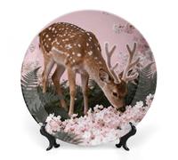 Ceramic Deer Among Pink Cherry Blossoms Decorative Plate for Wall Hanging 7inch Large Bone China Dinner Plates with Display Stand Porcelain Art Dish for Home Kitchen Office Wedding Gift Farmhouse Deco