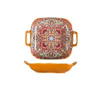 Ceramic Dinner Plate 9" - Porcelain Pasta Bowls,Handled Square Platter for Breakfast, Salads,Fruit,Cereal,Dessert,Bohemian Style(Style C)