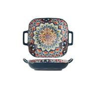 Ceramic Dinner Plate 9" - Porcelain Pasta Bowls,Handled Square Platter for Breakfast, Salads,Fruit,Cereal,Dessert,Bohemian Style(Style D)