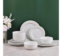 Ceramic Dinnerware Set for 4, 12-Piece Stoneware Plates and Bowls Set, Microwave & Dishwasher Safe, Lead-Free Scratch Resistant, Striped Dinner Plates & Soup Bowls (White)