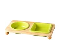 Ceramic Dog Bowl for Food and Water, Dog Bowls Set with Anti-Slip Wooden Stand, Weighted Dog Dish Bowl Suitable for Small, Medium Sized Pets(Green)