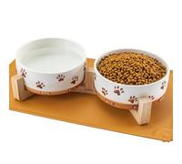 Ceramic Dog Bowls for Small and Medium Dogs, 32 OZ Dog Food and Water Bowl Set with Wooden Stand and Non-Slip Silicone Food Mat, Weighted Embossed Cute Puppy Bowls Feeding Dishes Set of 2