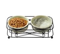 Ceramic Dog Cat Bowl Set - Elevated Stand Feeder, Easy Clean surfaces, Duals Dish Layout | Pet Supplies for Feeding Small Dogs, Cats, Kittens, Indoor Dining, Outdoor Deck, Home Kitchen, Daily Mealtime