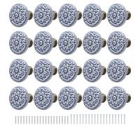 Ceramic Door Knobs - 20 Pack Floral Kitchen Cupboard Drawer Knobs with Screws Set, Vintage Round Decorative Cabinet Pulls, Retro Dresser Pulls for Wardrobes Shoe Cabinets Bedside Tables Desks (Blue)