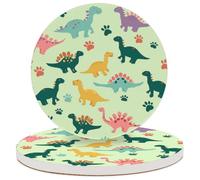 Ceramic Drink Coaster for Tabletop Protection, Boys Dinosaur Dino Cartoon Animals Round Table Coasters for Home Decor House Warming Gifts - Set of 2