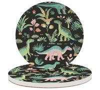 Ceramic Drink Coaster for Tabletop Protection, Cartoon Dinosaur Palm Botanical Tropical Round Table Coasters for Home Decor House Warming Gifts - Set of 2