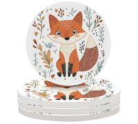 Ceramic Drink Coaster for Tabletop Protection, Cartoon Fox In A Floral Art Print Round Table Coasters for Home Decor House Warming Gifts - Set of 4