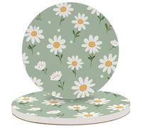 Ceramic Drink Coaster for Tabletop Protection, green daisies Round Table Coasters for Home Decor House Warming Gifts - Set of 2