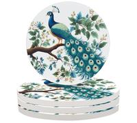 Ceramic Drink Coaster for Tabletop Protection, Peacocks On The Branch Plant Scenery Round Table Coasters for Home Decor House Warming Gifts - Set of 4