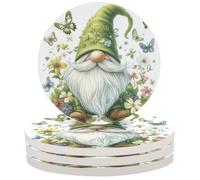 Ceramic Drink Coaster for Tabletop Protection, Spring Flowers Lovely Gnome Round Table Coasters for Home Decor House Warming Gifts - Set of 4