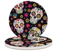 Ceramic Drink Coaster for Tabletop Protection, Sugar Skull Halloween Skeleton Floral Day Of The Dead Round Table Coasters for Home Decor House Warming Gifts - Set of 2