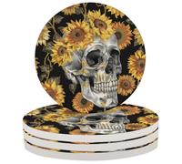 Ceramic Drink Coaster for Tabletop Protection, Sugar Skull Vintage Skeleton Sunflower Floral Plant Round Table Coasters for Home Decor House Warming Gifts - Set of 4