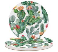 Ceramic Drink Coaster for Tabletop Protection, Tropical Cactus Succulent Cacti Desert Flower Green Plant Round Table Coasters for Home Decor House Warming Gifts - Set of 2
