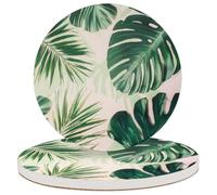 Ceramic Drink Coaster for Tabletop Protection, Tropical Palm Leaves Round Table Coasters for Home Decor House Warming Gifts - Set of 2