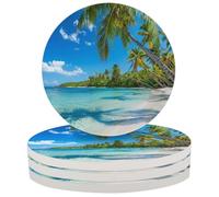 Ceramic Drink Coaster for Tabletop Protection, Tropical Palm Trees On Sunny Island Beach Scene Round Table Coasters for Home Decor House Warming Gifts - Set of 4
