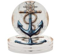 Ceramic Drink Coaster for Tabletop Protection, Vintage Nautical Anchor Compass Round Table Coasters for Home Decor House Warming Gifts - Set of 4