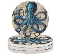 Ceramic Drink Coaster for Tabletop Protection, Vintage Nautical Octopus Round Table Coasters for Home Decor House Warming Gifts - Set of 4