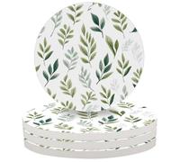 Ceramic Drink Coaster for Tabletop Protection, Watercolor Leaves Green Plant Round Table Coasters for Home Decor House Warming Gifts - Set of 4