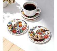 Ceramic Drink Coasters Set of 4 with Cork Base, Absorbent Round Ceramic Coasters with British Robin Family Design, Non-Slip Table Coasters for Home & Kitchen, Gift Boxed