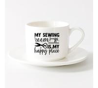 Ceramic Drinkware for Home My Sewing My Happy Place Tailor （6oz/175ml） Perfect for Kitchens, Restaurants & Cafes, Great Gift Idea，Sets Tea Cup with Saucers (White)