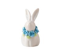 Ceramic Easter Bunny Decorations, Small White Rabbit with Floral Accents | Porcelain Animal Statue for Desktop, Tiered Tray, Shelf | Spring Ornament Gift for Easter, Housewarming, Birthday (Blue)