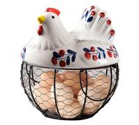 Ceramic Egg Holder, Hollow-Out Wire Chicken Egg Holder with Chicken Shaped Lid, Non Slip Basket Countertop with Handle for Gathering Fresh Eggs