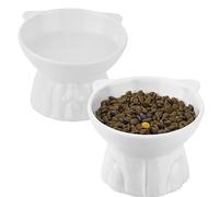 Ceramic Elevated Cat Bowls, 2 Extra Wide Raised Cat Bowl for Food and Water, Shallow cat Food Dish Whisker Friendly, Anti Vomit Cat Bowls Microwave and Dishwasher Safe, Great Height (White)