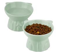 Ceramic Elevated Cat Bowls, 2 Extra Wide Raised Cat Bowls for Food and Water, Shallow Cat Food Dish Whisker Friendly, Anti Vomit Cat Bowls Microwave and Dishwasher Safe, Great Height for Cat (Green)