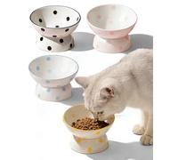 Ceramic Elevated Cats Bowls, 4Pc Extra Wide Raised Cats Bowls, Shallow Whisker Friendly Food & Water Dish, Anti Vomit, Microwave & Dishwasher Safe, 5 oz (Dot 5.3 x 3.5'')