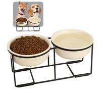 Ceramic Elevated Dog Bowl Set - Double Dog Bowls with Non-Slip Metal Stand - Raised Dog Food and Water Bowl Set - Dog Feeding Bowls - Ideal for Small and Medium Dogs - 2 Cups - 27 fl oz - Beige