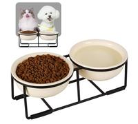 Ceramic Elevated Dog Bowl Set - Double Dog Bowls with Non-Slip Metal Stand - Raised Dog Food and Water Bowl Set - Dog Feeding Bowls - Pet Dishes for Puppies and Cats - 1 Cup - 13.5 fl oz - Beige